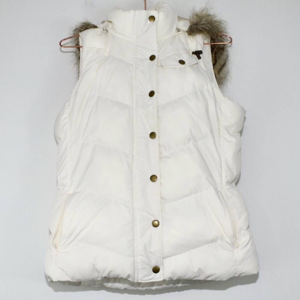 Banana Republic Puffer Vest White Faux Fur Raccoon